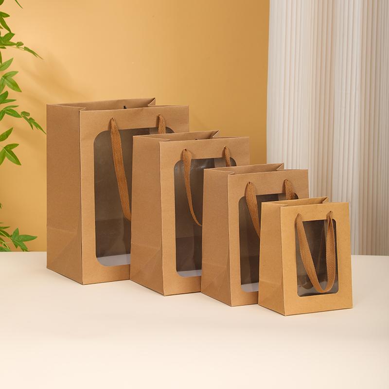 Retro Eco-Friendly Kraft Paper Bag with Window, Transparent Square Tote Bag, Window Gift Bag Retro Eco-Friendly Kraft Paper Bag with Window, Transparent Square Tote Bag, Window Gift Bag