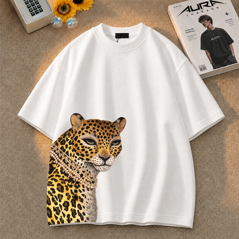 [Brand Clearance] Aura Threads Light Luxury Pearl Leopard Head Summer Short-Sleeve T-Shirt for Men Street Style