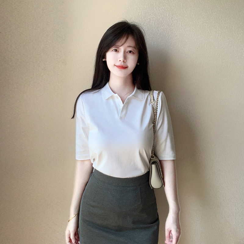 Roman Cotton Polo Collar Short-Sleeve T-Shirt for Women with Back Seam Design, Loose and Simple Short-Sleeve Polo Shirt Top for Commuting