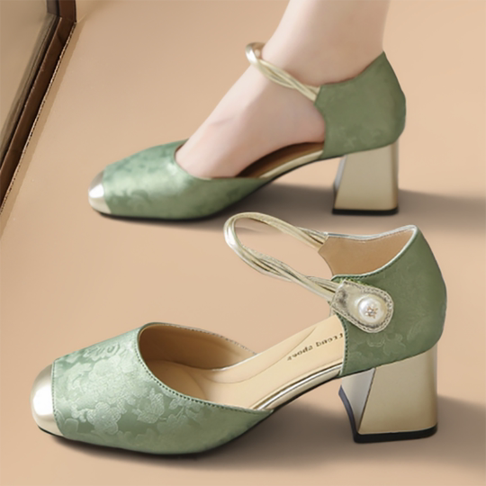【真皮】新中式包头凉鞋女夏季国风旗袍单鞋粗跟绿色时装高跟鞋子