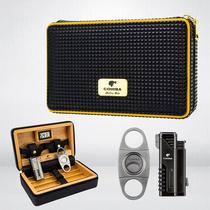 cohiba portable cedar wood cigar box silicone leather lighter scissors four cigarette slots four pack humidifier
