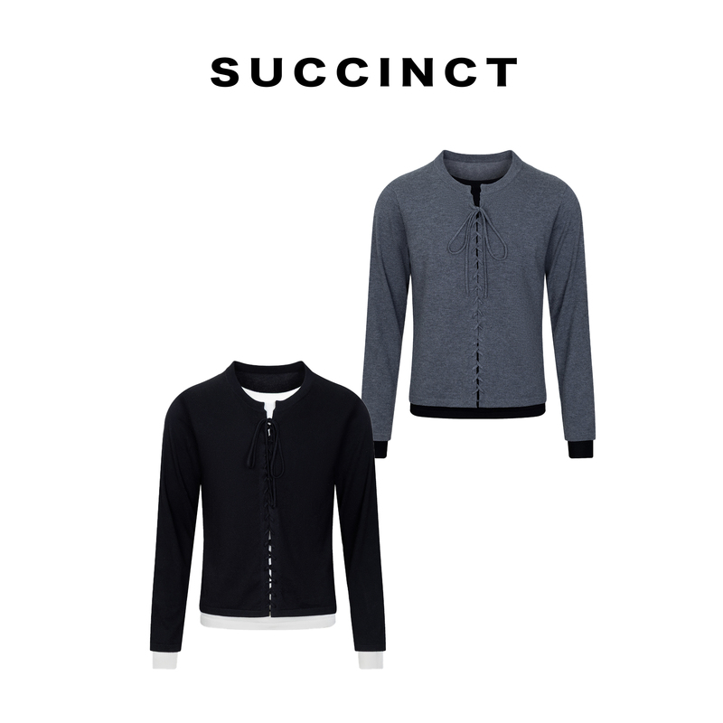 Succinct Wool-Blend Skin-Friendly Double-Layered Tie-Up Long-Sleeve Sweater for Autumn and Winter as a Base Layer