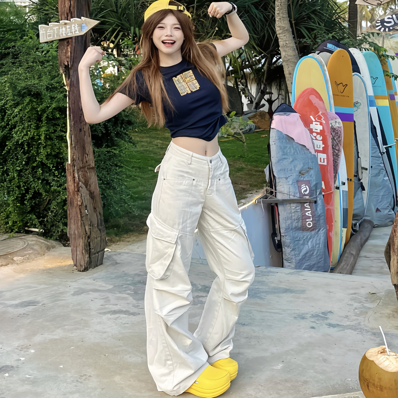 Lkyy American Retro Multi-Pocket Pleated Cargo Pants Unisex Straight Loose Trendy Casual Long Pants
