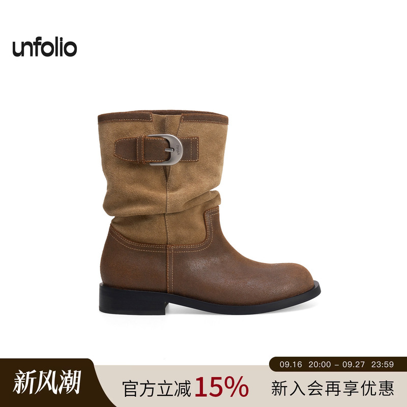 [Same Style as Ouyang Nana] Unfolio Retro Metal Buckle Knight-Style Slouchy Boots Short Thick-Soled Boots for Women