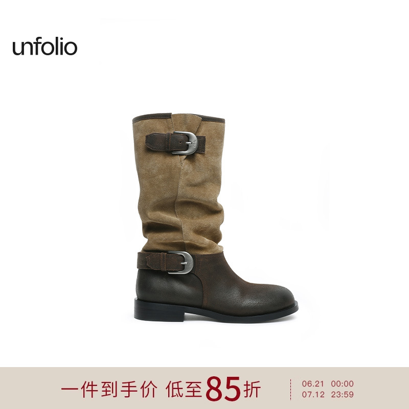 unfolio25スタイル メタルバックル ロングブーツ スエード ラウンドトゥ ミドルブーツ ツーウェイブーツ レディース
