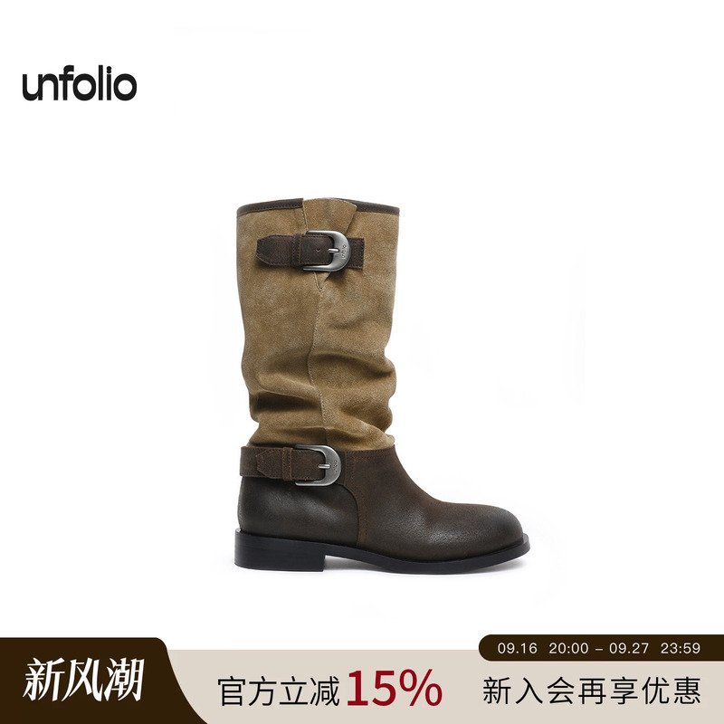 [Same Style as Ma Sichen] Unfolio Metal Buckle Long Boots, Round Toe Mid-Calf Riding Boots for Women