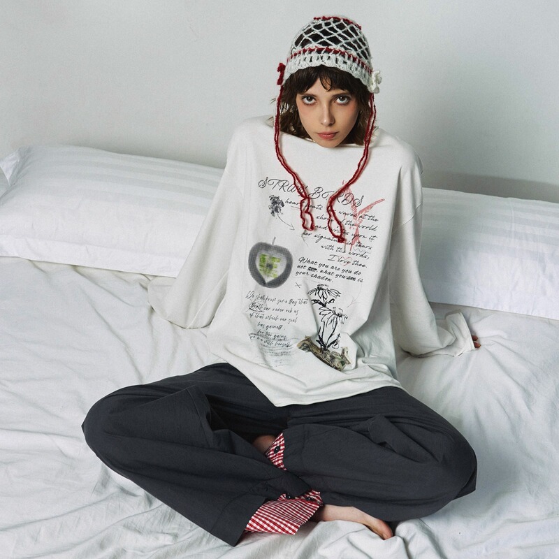 [Same Style as Li Yudong] Oipword Yu Hai “Wandering Bird” American Retro Trendy Printed Loose Long-Sleeved T-Shirt