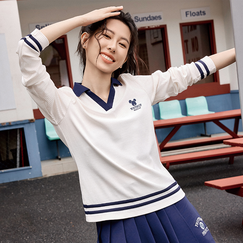 361 Degrees Women's Long-Sleeved T-Shirt, Fashionable V-Neck Sweatshirt, Collared College Style Polo Top, Autumn 562539102 361 Degrees Women's Long-Sleeved T-Shirt, Fashionable V-Neck Sweatshirt, Collared College Style Polo Top, Autumn 562539102