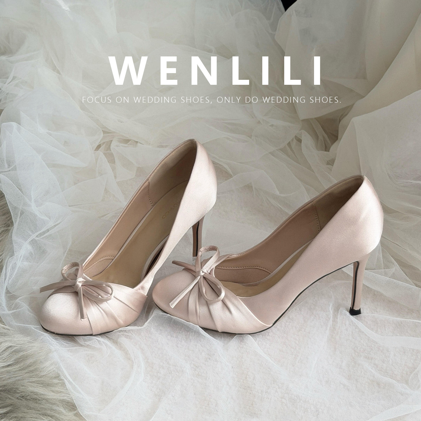 Wenli Round Toe Bow French Satin Stiletto Heels Women's 2026 New Wedding Shoes for Bridesmaids