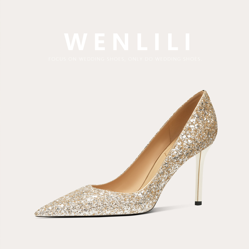 Wenli·Sheepskin Edition Gold Shiny Xiuhe Wedding Dress Two-Way Wear Bridal Shoes for Women, Suitable for Daily Wear, Stiletto High Heels