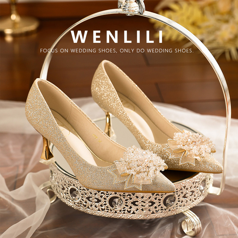 Wenli French-style rhinestone flower wedding shoes for women, 2026 new style, comfortable high heels, suitable for wedding dresses and traditional Chinese wedding dresses, crystal shoes.