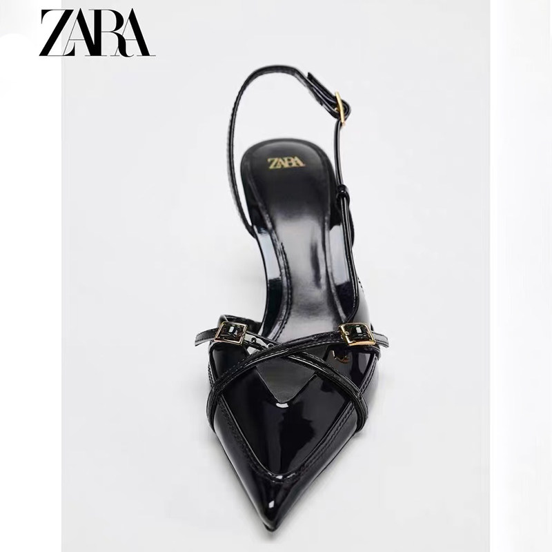 ZARA女鞋2025春季新品黑色搭扣带饰高跟穆勒鞋尖头后绊带细跟凉鞋 2
