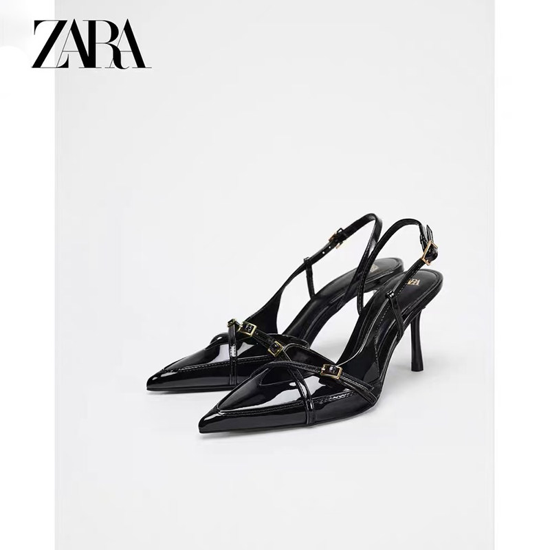ZARA女鞋2025春季新品黑色搭扣带饰高跟穆勒鞋尖头后绊带细跟凉鞋 4