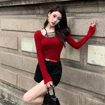 Hollinu Collar Long-Sleeved Knitted T-Shirt for Women Spring and Autumn 2025 New Lace Splicing Ladylike Style Red Base Shirt