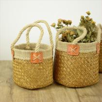 Nordic seaweed woven flower basket dried flower storage bucket bamboo woven handle basket living room decoration ornaments training class flower arrangement basket