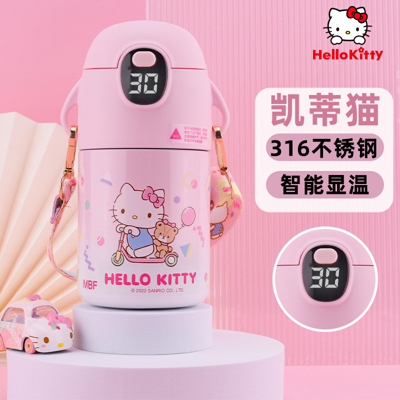 2024年新型子供用魔法瓶カップ、食品グレードの温度表示付き、幼稚園に通う女の子向けに特別に設計、ストロー付き