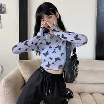 Ice silk sunscreen bottoming shirt for women summer new butterfly print long-sleeved T-shirt with exposed navel short style inner mesh top