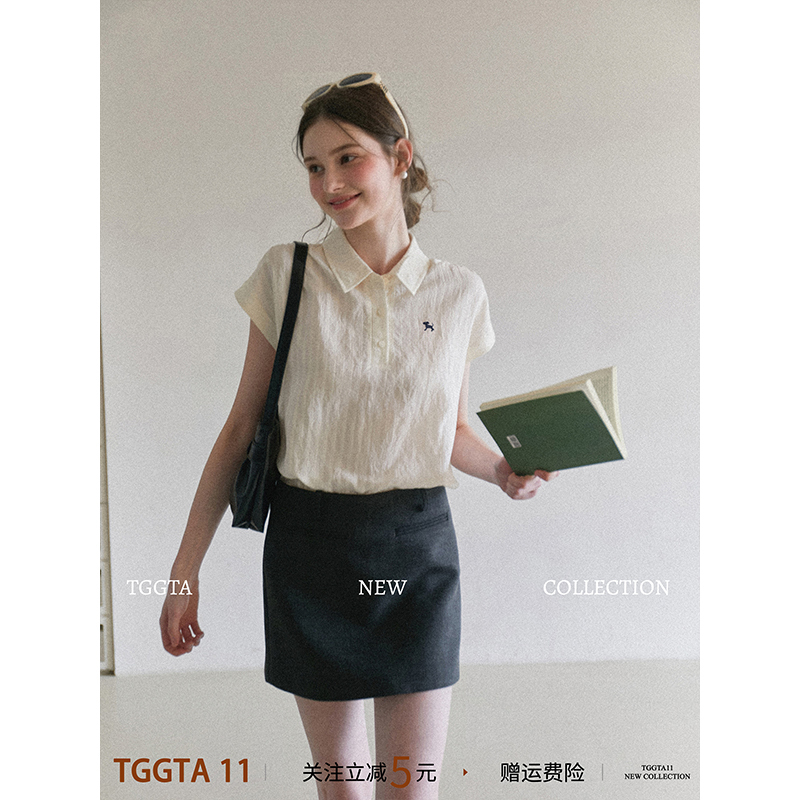 Tggta Off-White Striped Polo Collar Sleeveless Shirt for Women, Summer 2026 New Style, Turn-Down Collar Shirt, Vest Top