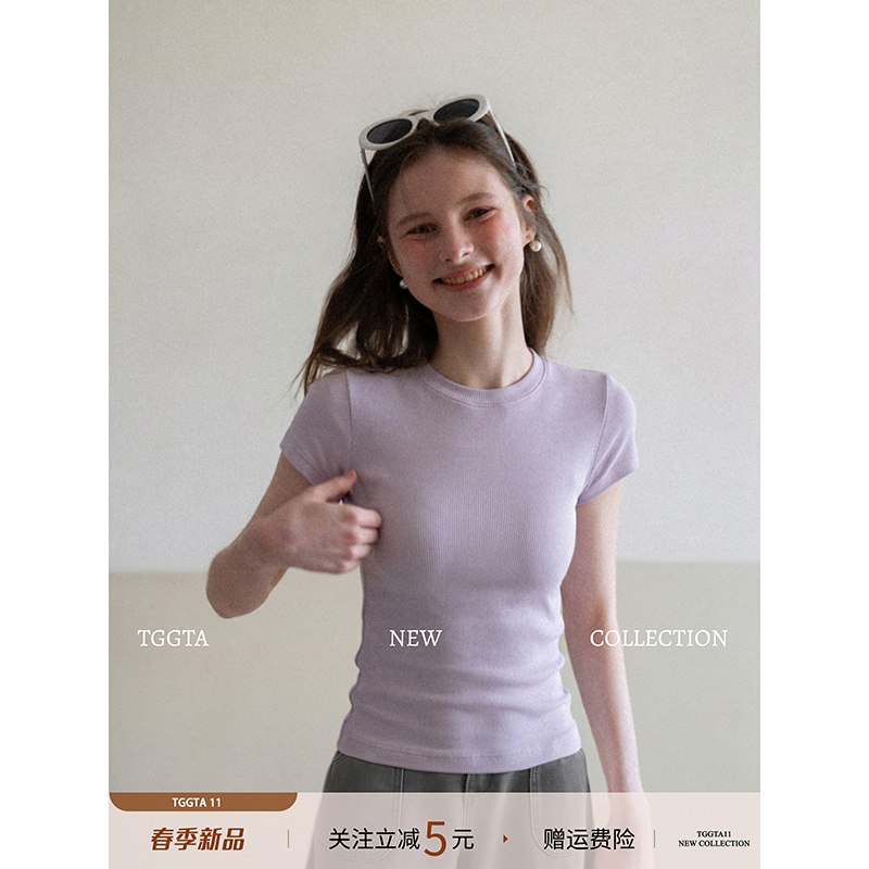 Tggta Purple Round Neck Regular Shoulder Knit Short-Sleeve T-Shirt for Women, Summer 2026 New Slim Fit Tight Short Top