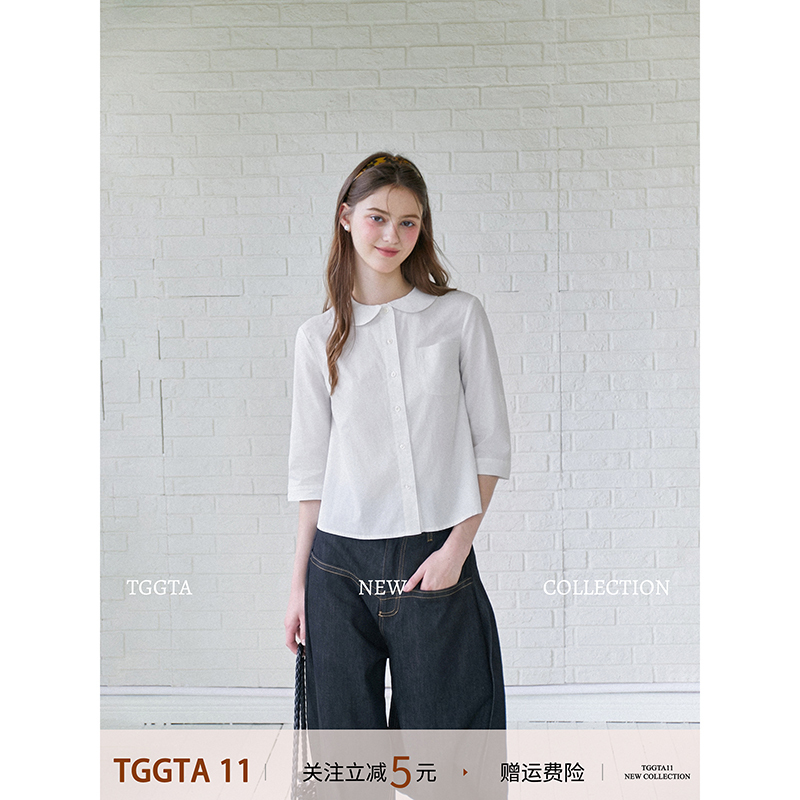 Tggta White Doll Collar Mid-Sleeve Shirt for Women, Summer Design, Niche Shirt, Cardigan, Loose Short-Sleeve Top Tggta White Doll Collar Mid-Sleeve Shirt for Women, Summer Design, Niche Shirt, Cardigan, Loose Short-Sleeve Top