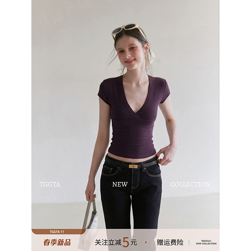 Tggta Purple V-Neck Short-Sleeved T-Shirt for Women, Summer 2026 New Style, Petite Slim Fit Short Top