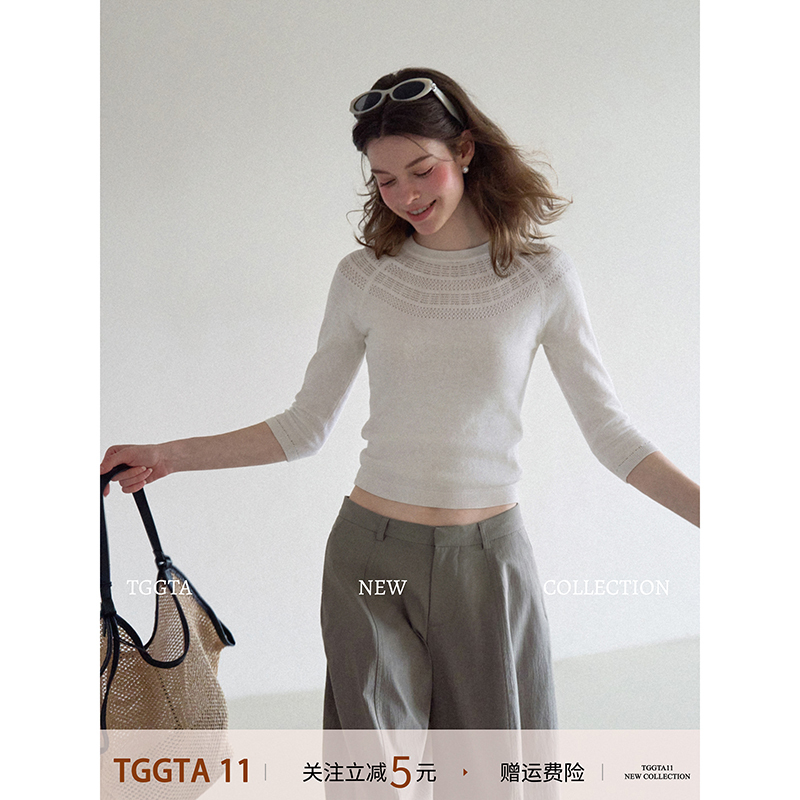Tggta White Round Neck Hollow-Out Long-Sleeve Knit Top for Women, Autumn and Winter Design, Inner Layer Base Shirt, Slim Fit Top Tggta White Round Neck Hollow-Out Long-Sleeve Knit Top for Women, Autumn and Winter Design, Inner Layer Base Shirt, Slim Fit Top