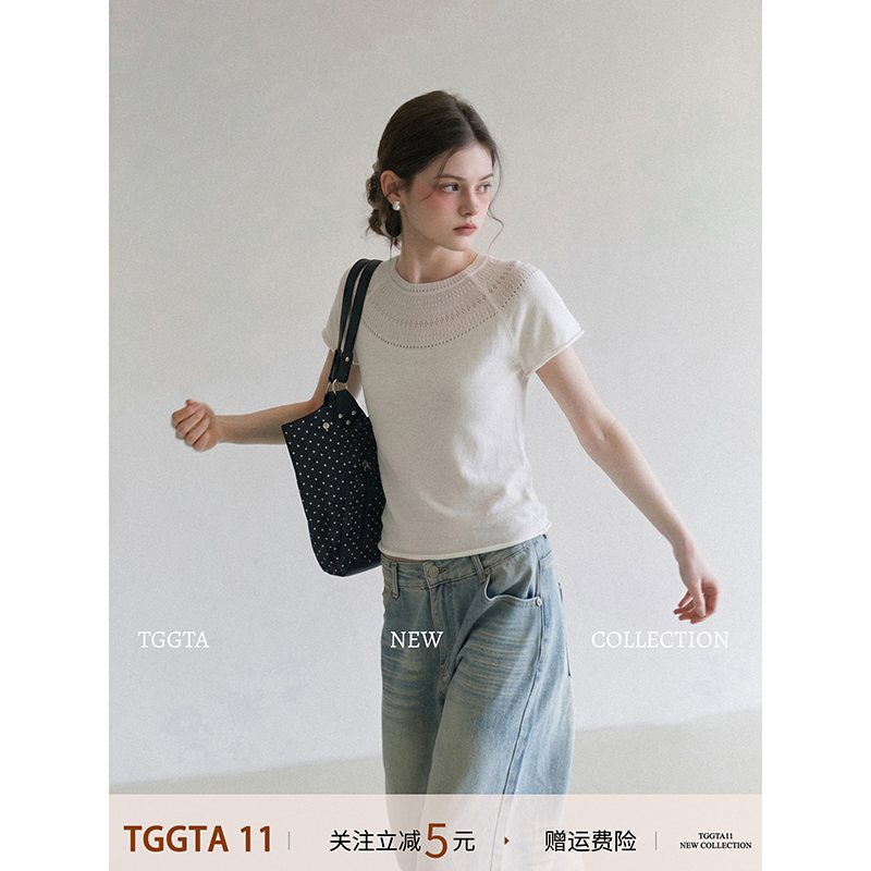 Tggta White Round Neck Cut Out Knitted Short-Sleeved T-Shirt for Women Summer 2026 New Design Slim Short Top