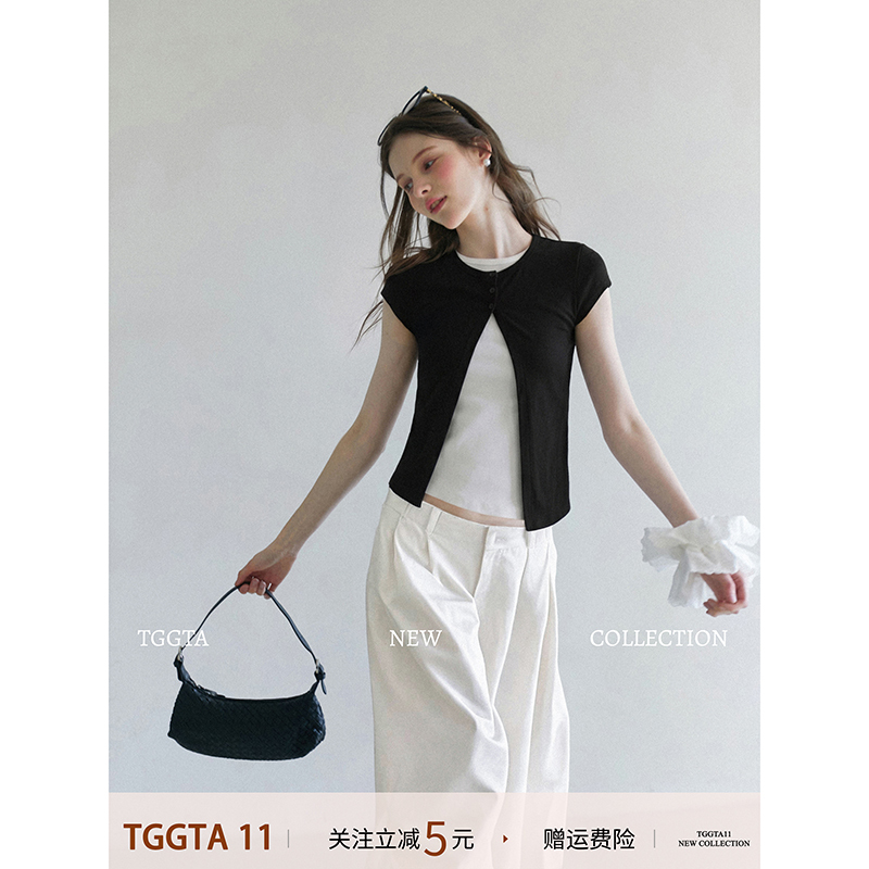 Tggta Black Fake Two-Piece Regular Shoulder Short-Sleeve T-Shirt for Women, Summer 2026 New Design, Slim-Fit Short Top Tggta Black Fake Two-Piece Regular Shoulder Short-Sleeve T-Shirt for Women, Summer 2026 New Design, Slim-Fit Short Top