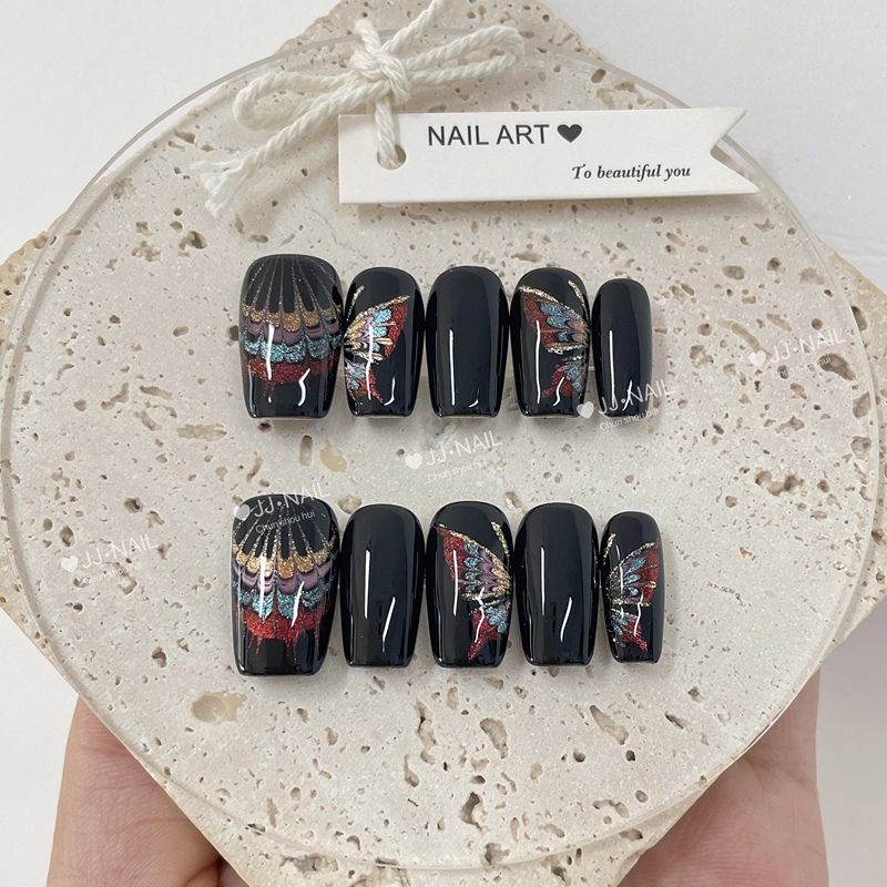 【Star Blossom】Black Butterfly Embroidery Wearable Nails, Handmade, Brightening Effect, Detachable, Atmospheric, Sparkling with Full Rhinestones 【Star Blossom】Black Butterfly Embroidery Wearable Nails, Handmade, Brightening Effect, Detachable, Atmospheric, Sparkling with Full Rhinestones