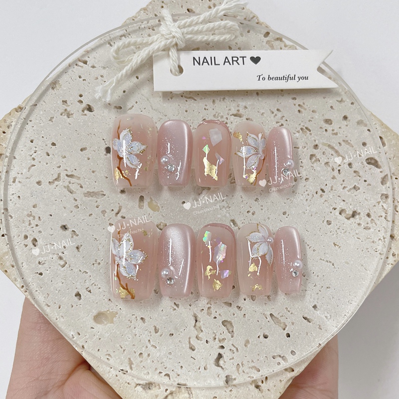 【Golden Wind and Jade Dew】Pink Flower Wearable Nails Purely Handmade Nail Art Stickers Short Fake Nails Cute Style Nail Pieces 【Golden Wind and Jade Dew】Pink Flower Wearable Nails Purely Handmade Nail Art Stickers Short Fake Nails Cute Style Nail Pieces
