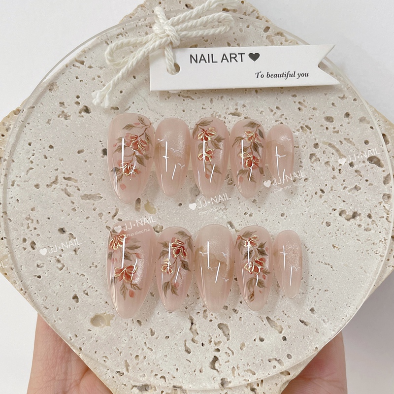 【Golden Begonia】Handmade Flower Press-On Nails Pink High-End Whitening Nail Art Removable Short Style