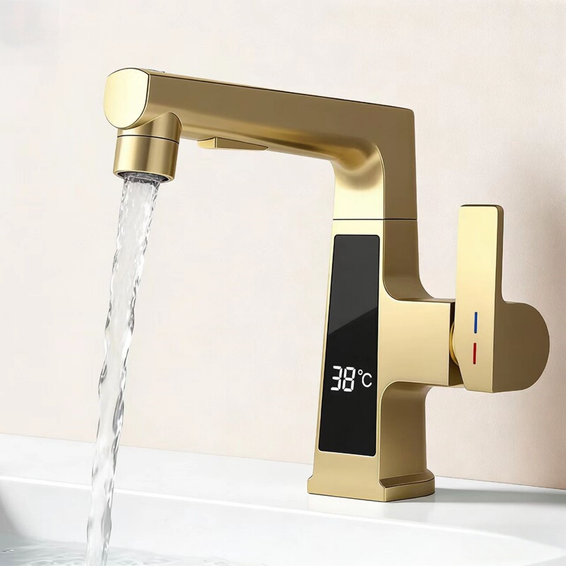Platinum Pomo Adjustable and Rotating Smart Digital Display Pull-Out Water Spout Mouthwash Basin Faucet Brushed Gold