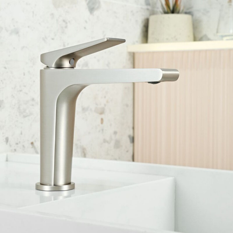 Brushed Nickel All-Copper Hot and Cold Water Faucet for Washbasin, Bathroom Counter Basin Faucet, Silver Simple Basin Faucet