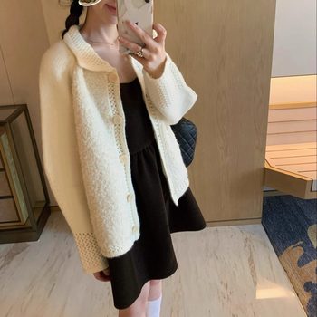 Uungchuuu milky white hollow patchwork bouclé cardigan lapel sweater jacket