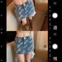 Plus size fat girl printed denim skirt womens summer new slim high-waisted A-line retro hip-covering short skirt