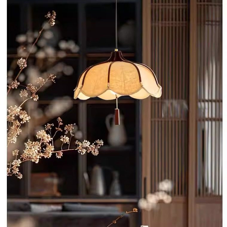 设计师实木中古布艺吊灯茶室餐桌灯诧寂风主卧室复古艺术餐厅吊灯