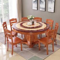 Household marble table solid wood dining table and chairs set EJX hotel 1 in 0 people carved round belt turntable round form eating