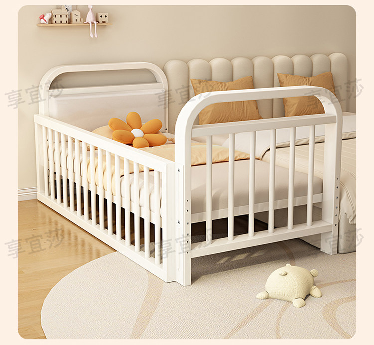 儿童拼接床 铁艺儿童拼接床 可升降护栏 奶油白色现代简约儿童床设计