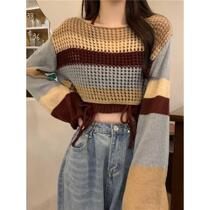Rainbow striped hollow knitted bottoming shirt for women autumn Maillard short sweater chic top suspender two-piece set