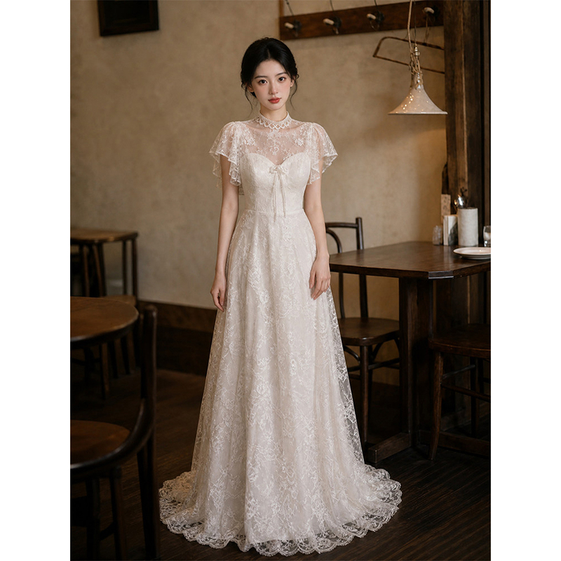 French-Style Light Wedding Dress, Lace, Simple, High-End, Light Luxury, Niche Wedding Morning Photoshoot, Forest-Style Dress, Retro Style