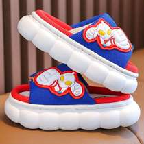 Spring and Autumn Childrens Linen Slippers Boys Ultraman Season Indoor Non-slip Thick-Soled Large Medium and Small Childrens Baby Slippers