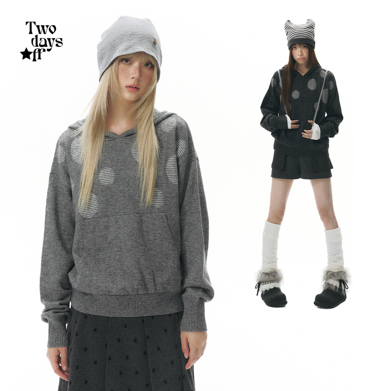 Twodaysoff Korean Style Irregular Polka Dot Hooded Wool Sweater for Women, Autumn Lazy Style Knitted Top
