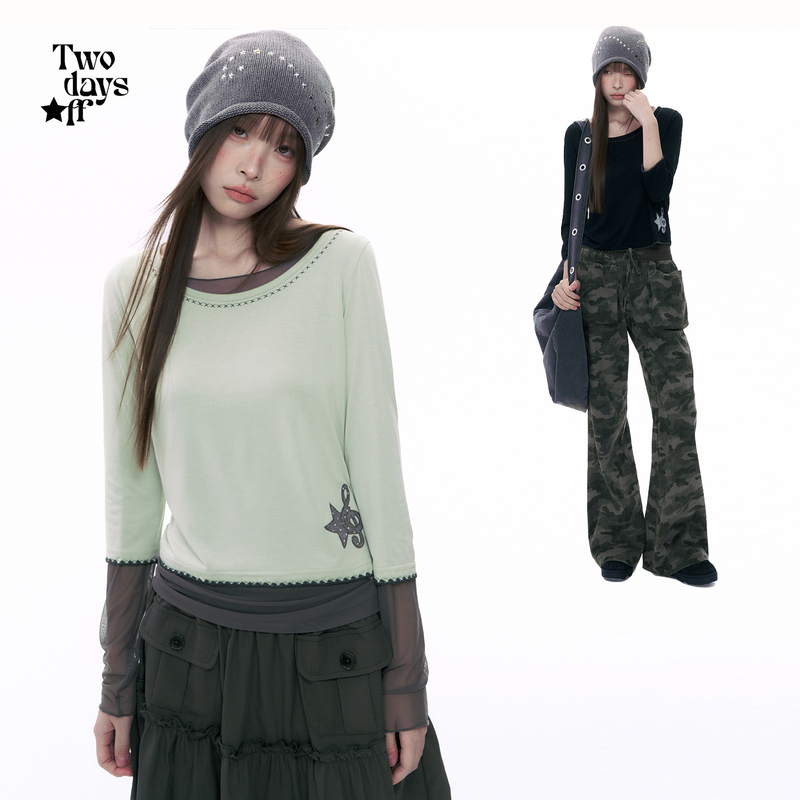 Twodaysoff Korean Style Millennial Star Musical Note Three-Quarter Sleeve T-Shirt for Women Early Autumn Casual Lace-Up Top