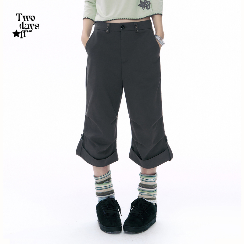 Twodaysoff Korean Style Millennial Style Rolled-Up Hem Cropped Pants for Women Early Autumn Loose Wide-Leg Cargo Shorts
