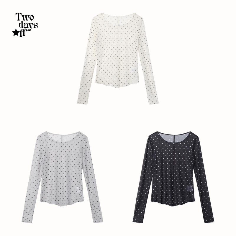 Twodaysoff Korean-Style Polka Dot Sheer Mesh T-Shirt for Women, Autumn Layering Slim-Fit Base Shirt