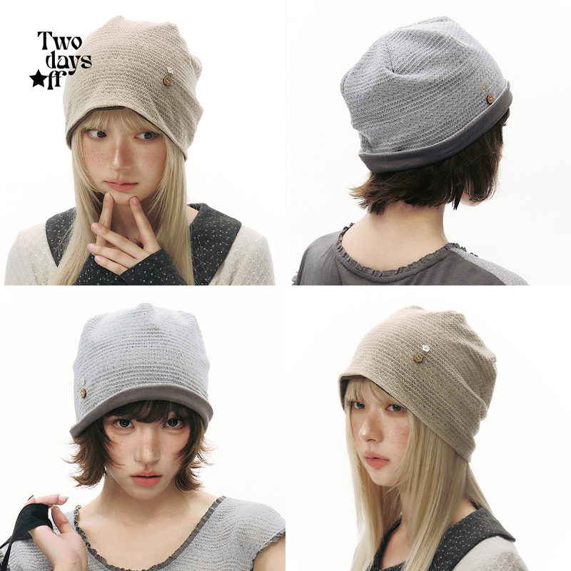 Twodaysoff Korean Style Y2K Color-Blocked Knitted Beanie, Reversible, Thin, Breathable, Rolled-Brim Hat for Autumn