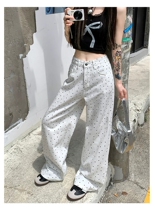 Womens summer thin retro black and white polka dot extended wide leg loose high waist jeans slim and versatile straight pants