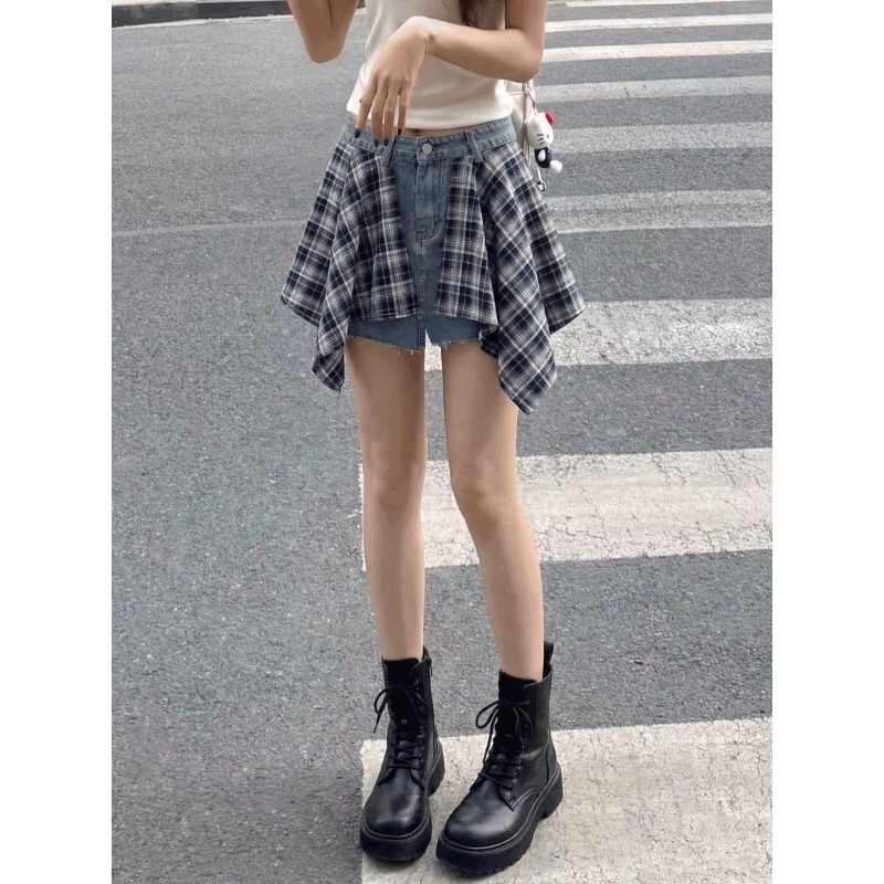 American Retro Plaid Patchwork Denim Shorts for Women 2026 Summer New Fashion Slim Straight Hot Pants