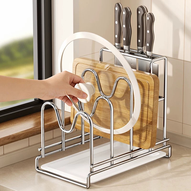 Stainless Steel Pot Lid Holder Countertop Kitchen Storage Rack Multifunctional Cutting Board and Pot Lid Integrated Storage Rack
