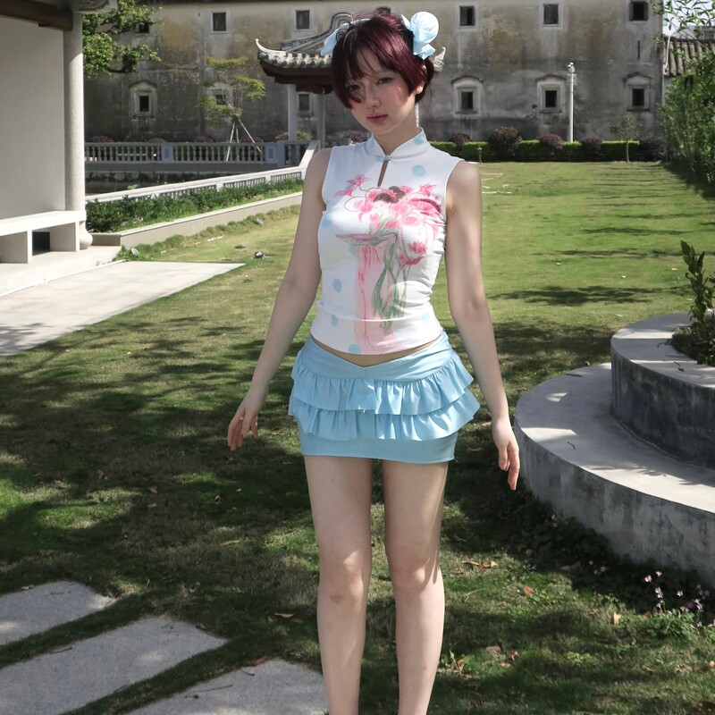 Hhhook Original Y2K Cheongsam Collar Polka Dot with Fairy-Like Feel New Special Breathable Stretch Fabric Printed Tank Top